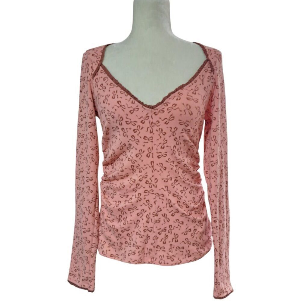 Maeve Anthro Women's Long Sleeve Lace Trim V Neck Cotton Top Pink Bow Sz Medium
